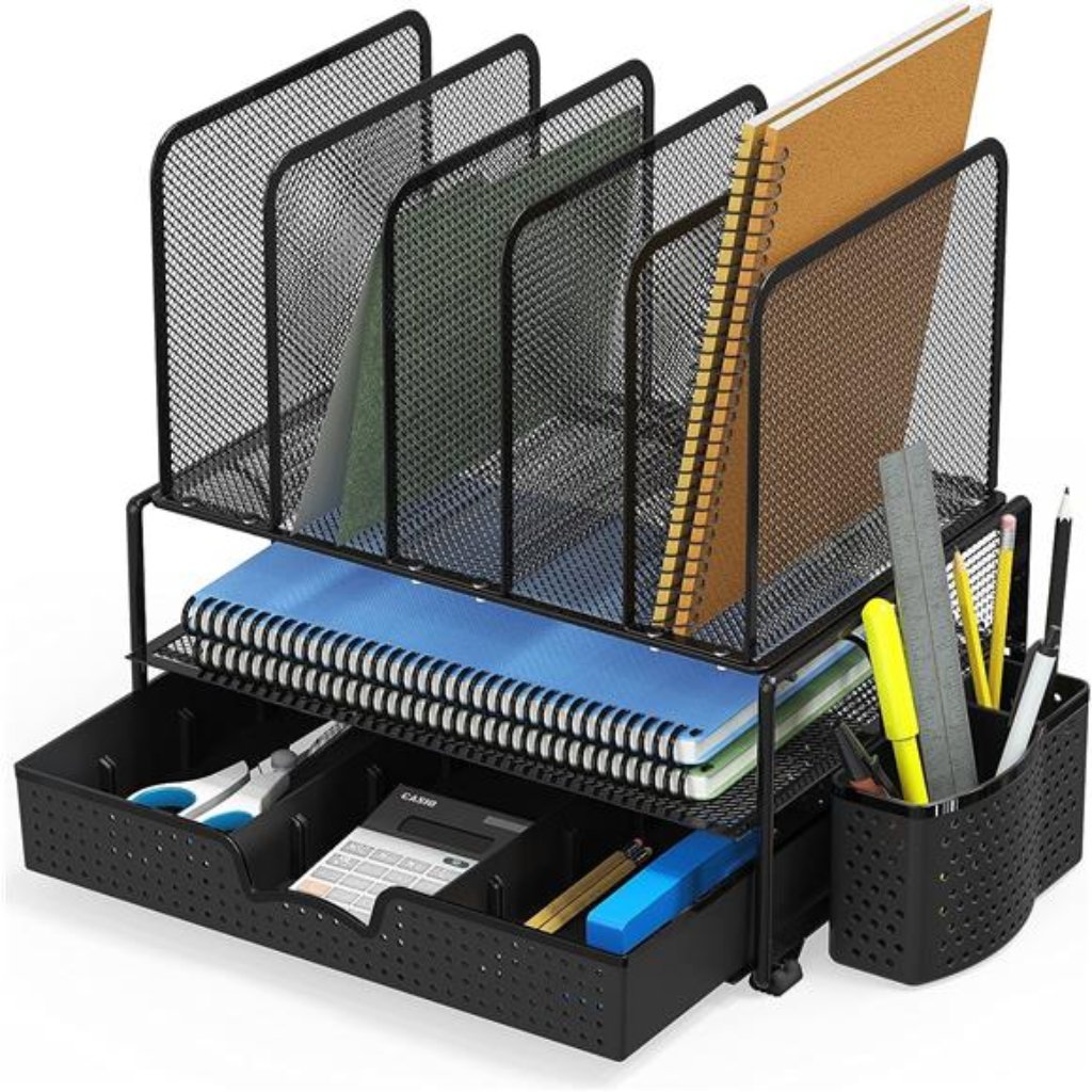 Mesh Desk Organizer With Sliding Drawer, Double Tray And 5 Upright Sections